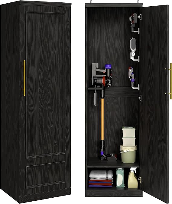 Broom Closet Storage Cabinet, 65" H Slim Utility Closet with Door and Shelf, Tall Vacuum Storage Cabinet with Hooks for Cleaning Tool, Broom Closet Organizer for Bathroom, Garage, Black