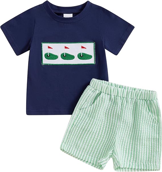 Toddler Boys Golf Outfit Golf Cart Patch Short Sleeve T Shirts Tops Elastic Shorts Set 2Pcs Baby Summer Clothes
