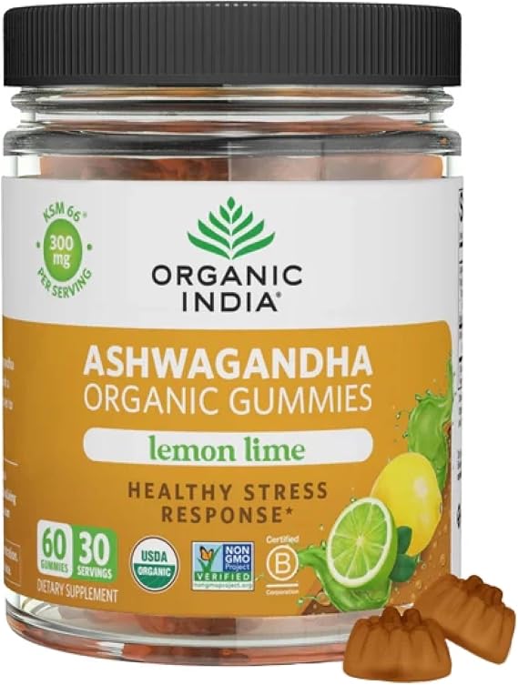 ORGANIC INDIA Ashwagandha Gummies for Men & Women, Lemon Lime, 60 Gummies