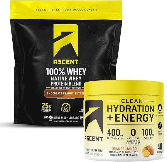 Ascent 100% Whey Protein Powder, Chocolate Peanut Butter 4 lb & Hydration + Energy Electrolytes, Orange Mango 40 Servings