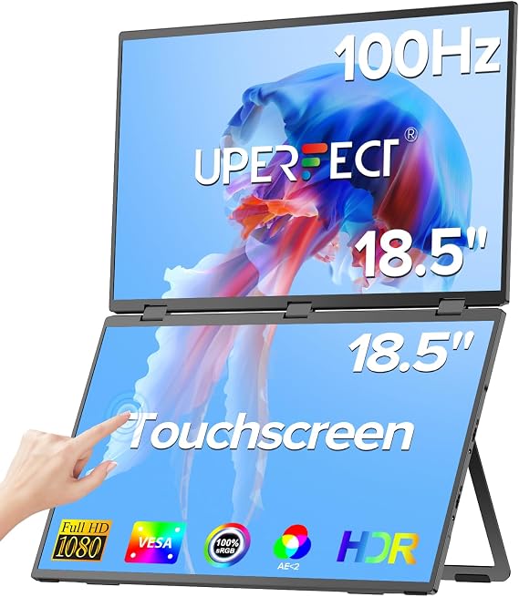 UPERFECT 18.5" Dual Portable Monitor Touchscreen 100Hz (No Driver Needed) | Stacked Folding Monitor, USB-C/Mini HDMI Triple Extender Display, 1200:1 Second Screen for Laptop/PC/Phone, w/Stand & VESA
