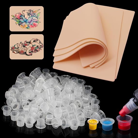 5Pcs 3mm Tattoo Practice Skin and 300Pcs Tattoo Ink Caps