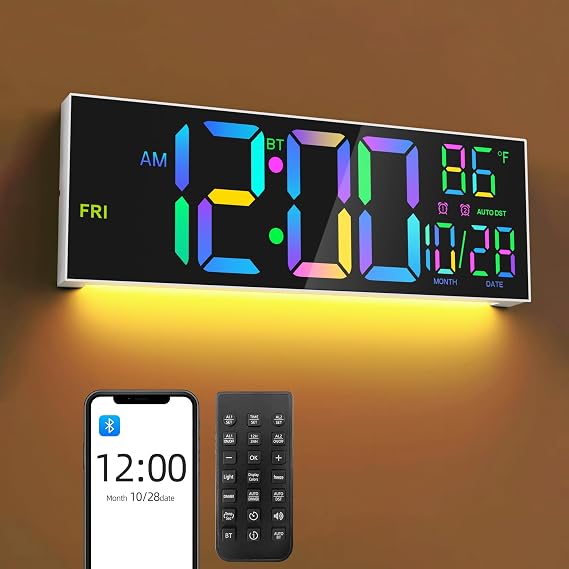 16.5" Large LED Digital Wall Clock with Bluetooth Sync, Night Light, Dimming, 2 Alarms, RGB Color, Temperature, Remote Control, 12/24H, Timer for Living Room, Bedroom, Gym, Office