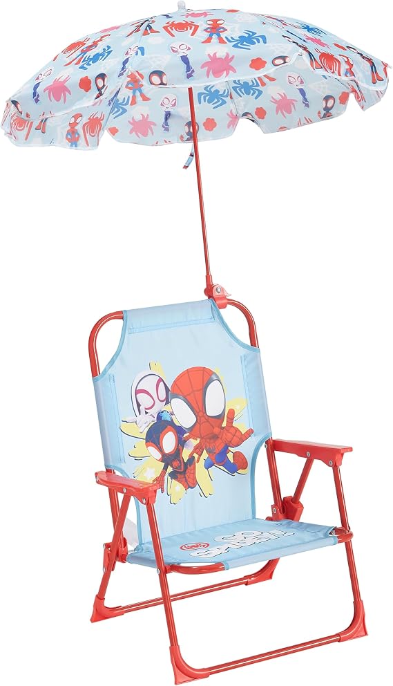 Marvel Spidey and His Amazing Friends Kids Outdoor Folding Beach Chair with Umbrella,Portable Camp Chair for Ages 3+, Lightweight & Compact for Beach, Camping, and Backyard