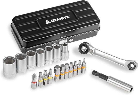 Granite Duet Hex Bit and Socket Dual-Head Ratchet Tool (Black) | S2 alloy steel, reversible drive, extension rod, 6-13mm and 2-8mm sizes, PH2 driver, T15/T20/T25 star