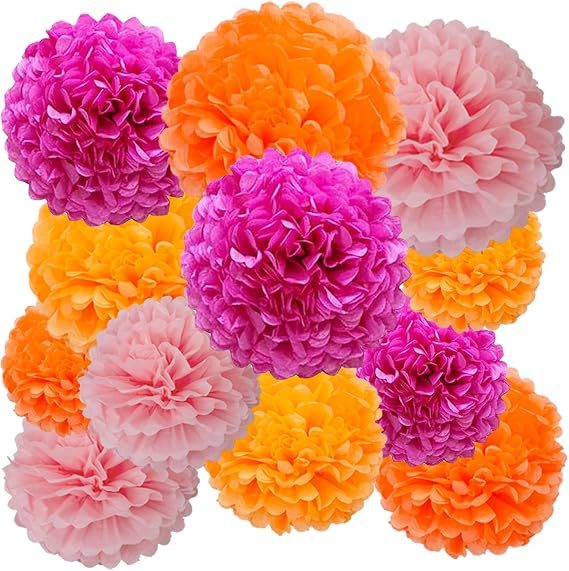 12pcs Hot Pink and Orange Tissue Paper Pom Poms,Hanging Paper Pompoms for Pink Orange Party Decoration