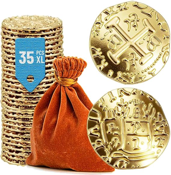 Metal Pirate Coins, 35PCS X Large Gold Treasure Coin Set Spanish Doubloon Replicas Fantasy Metal Coins Pirate Gold Coins for Board Games Tokens Pirate Party Cosplay