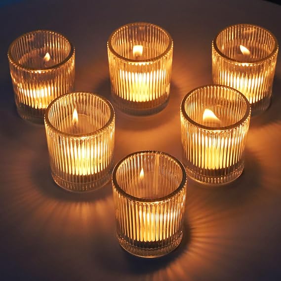 Ribbed Tea Light Holders Bulks Set of 12, Clear Tealight Holders Vintage | Vohocandle Clear Tea Light Candle Holders Glass for Party, Wedding, Home Decor and Christmas Decoration（5.5cm W × 6.5cm H）