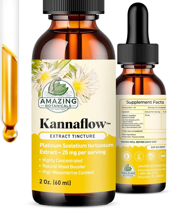 Amazing Botanicals Platinum Kanna Extract Tincture 25mg Sceletium Tortuosum | 80% Mesembrine | 5.5% Alkaloids | Supports Calm & Focus | 60ml / 2oz