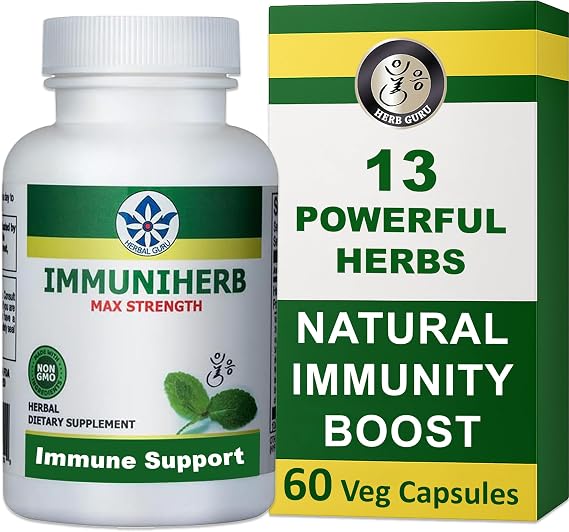 Immuniherb Immune Support Supplement Herbal Immunity Supplement with Ginger, Forsythia, Licorice Root, Vitamin C & Zinc Natural Immune Boosters for Daily Support, Non-GMO 60 Veg Capsules