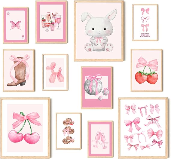 Aroutde 12Pcs Pink Coquette Canvas Wall Art Preppy Nursery Room Decor | Aesthetic Pink Bow Ties Cherry Prints Baby Girls Wall Decor for Toddler Kids Playroom College Apartment (Unframed)