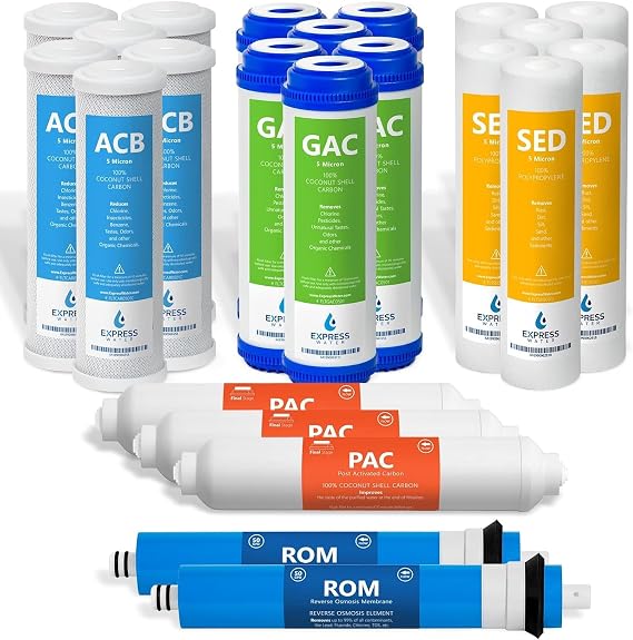 Express Water 3 Year Reverse Osmosis System Replacement Filter Set 23 Water Filters with 50 GPD RO Membrane, Carbon GAC, ACB, PAC Filters, Sediment SED Filters 10 inch Size