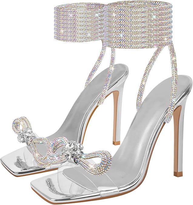 MissHeel Rhinestone Lace Up Heels with Diamante Bow