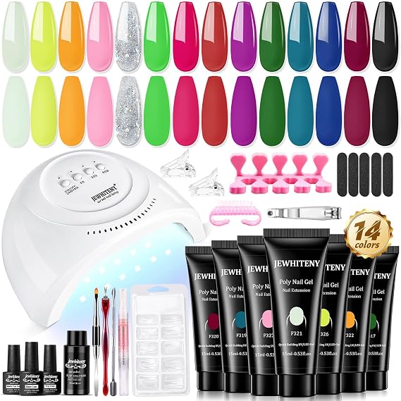 JEWHITENY 14 Colors Poly Nail Gel Kit With U V Lamp Poly Nail Extension Gel All-in-one Kit Builder Strengthen Art Starter DIY At Home Gifts For Women