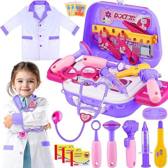 GINMIC Doctor Kit for 3-5, 22 Pieces Pretend Play Doctor Set with Halloween Role Play Doctor Costume and Carry Case for and Kids, Medical Dr Kit Toys for Girl Age 3 4 5 6 7 Year Old