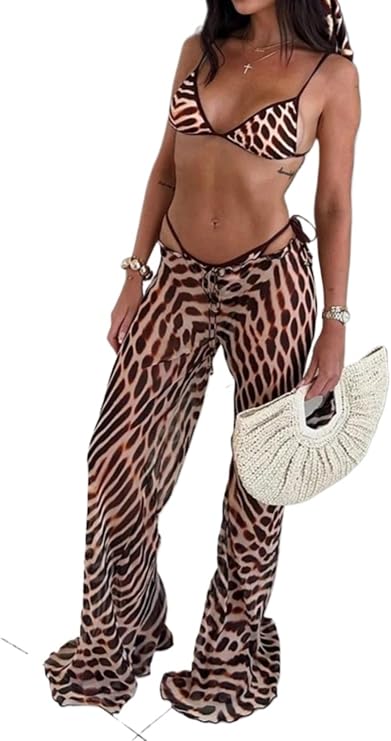 3 Piece Leopard Print Bikini Swimsuit Y2k Cute Cheetach Bathing Suit with Sheer Pants 2000s Beachy Outfits