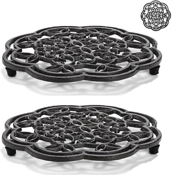 Yopay 2 Pack Cast Iron Trivet Heavy Duty, 7.7 inch Round Metal Trivet for Hot Pans or Teapot, Rustproof Pot Stands Holders with Rubber Pegs for Countertop, Dining Table, Kitchen Farmhouse Decoration