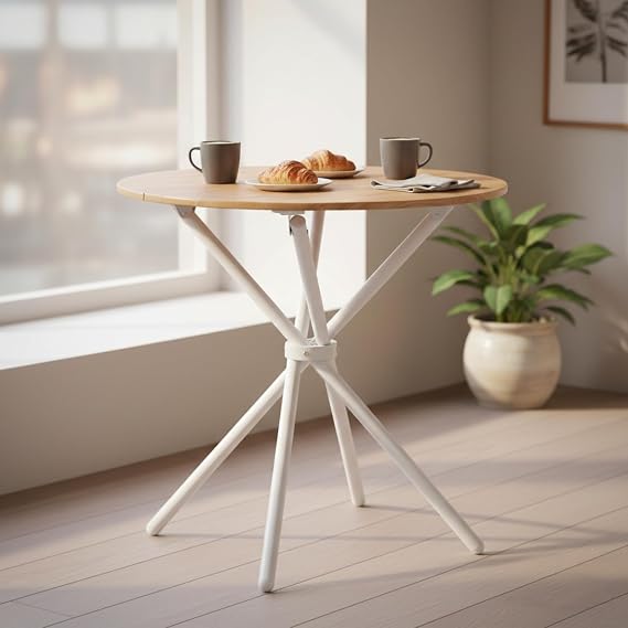 FurnitureR Round Dining Table,80x80cm Modern Style, Metal Frame with Chopstick Designed Leg,Wooden Top，Oak White
