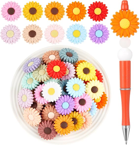 Silipull 40 Pcs Silicone Focal Beads for Pens Sunflower Silicone Beads Bulk for Keychain Making DIY Gift Necklace Bracelet Jewelry