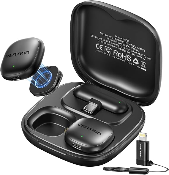 VENTION Mini Wireless Microphone for iPhone 17/16/15 Pro Max, USB C Bluetooth Microphone for Content Creators Ai Noise Cancelling Lavalier Mic with 24H Charging Case for Video Recording Vlogging