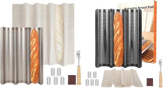 Baguette Bread Pan, Perforated Baguette Tray Nonstick, Oven Safe 3-Loaves Loaf Pan for Baking Homemade Bread, Gold and Black, Set of 2