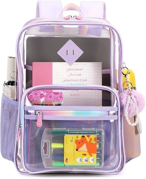 Clear Backpack Heavy Duty Large Transparent Backpack with Reinforced Bottom Multi-pockets for College, Travel, Workplace Security - Purple