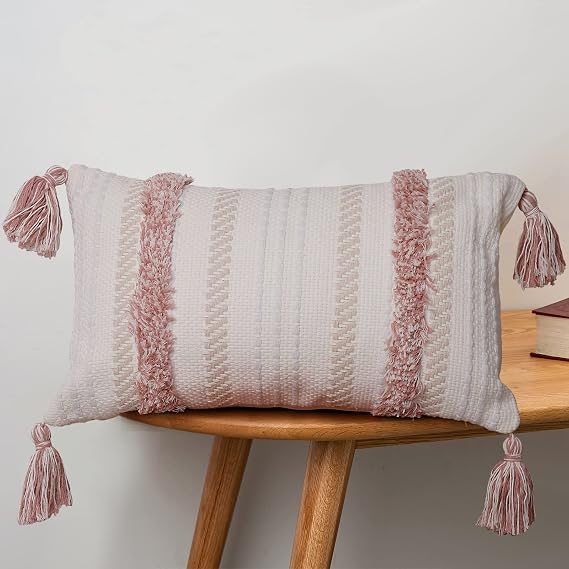 Boho Throw Pillow Covers Tufted Decorative Pillows Cover for Couch Bed Small Lumbar 12 x 20 inch Pillow Cover, Modern Accent Farmhouse Neutral Throw Pillow Case, Pink | Boho tufted lumbar pillow cover, blush pink accent for couch, bed and dorm decor