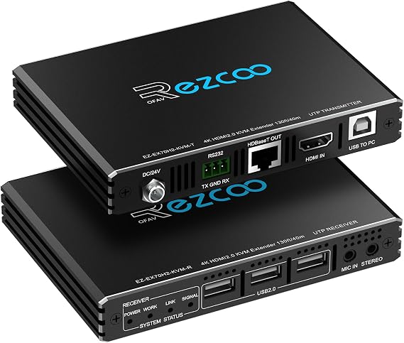 ROFAVEZCO 4K HDMI KVM Extender USB Uncompressed 4K 60Hz HDR Single over Cat5e/6 up to 300ft, 3 Ports USB2.0 Hub POE+RS232+EDID+3.5mm Stereo Audio and Microphone, EX70H2KVM