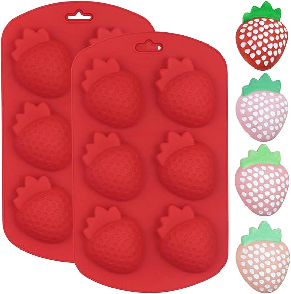 Strawberry Silicone Molds 6-Cavity for Chocolate Cake Candy | 3D Fruit Shape, BPA Free, Easy to Clean, Set of 2, Baking & Candle Use