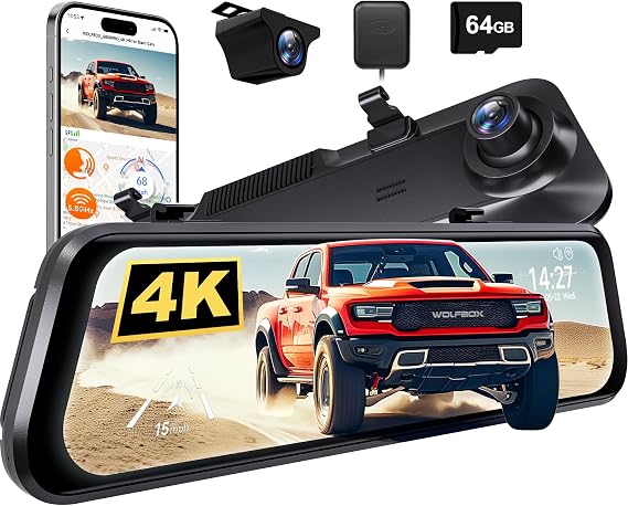 WOLFBOX G850 PRO 4K Mirror Dash Cam with ADAS and BSD,64GB Card,5.8GHz WiFi