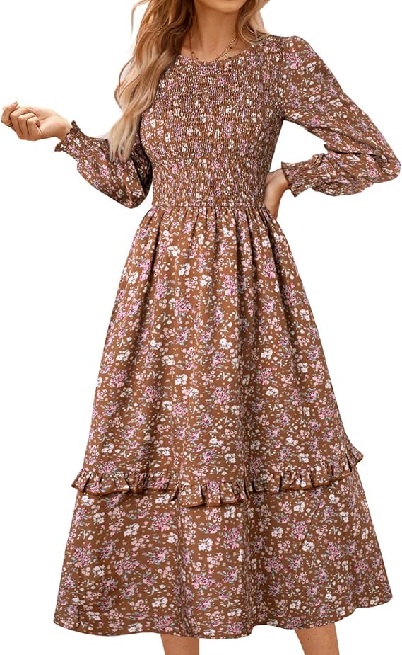 Kate Kasin Long Sleeve Midi Dress for Women, Casual Smocked Vintage Midi Dresses, Modest Fall Floral Wedding Guest Dress