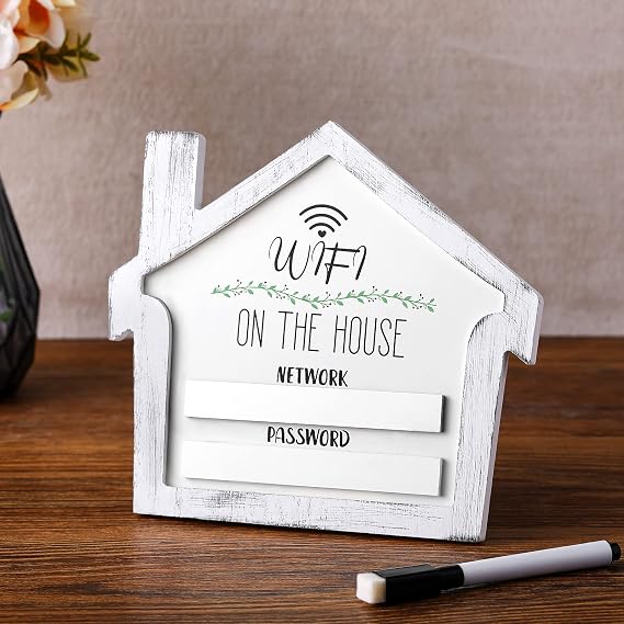 Wi-Fi Password Sign with Marker, Farmhouse Wood Plaque, White | Writable Erasable Surface for Network Password, Rustic House Shape for Home Entrance, Hang or Stand, Farmhouse Decor
