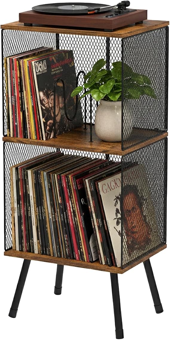 3-Tier Record Player Stand, Turntable Table with Vinyl Storage for 200 LPs, Corner Record Holder with Adjustable Dividers, Mid-Century Vinyl Stand for Living Room, Bedroom