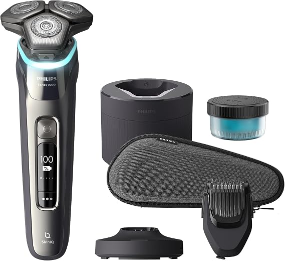 Philips Shaver Series 9000, Wet and Dry Electric Shaver, Dark Chrome, with Lift & Cut Shaving System and SkinIQ Technology, Pop-up Trimmer, Beard Styler, Cleaning Pod, Charging Stand, Model S9987/59
