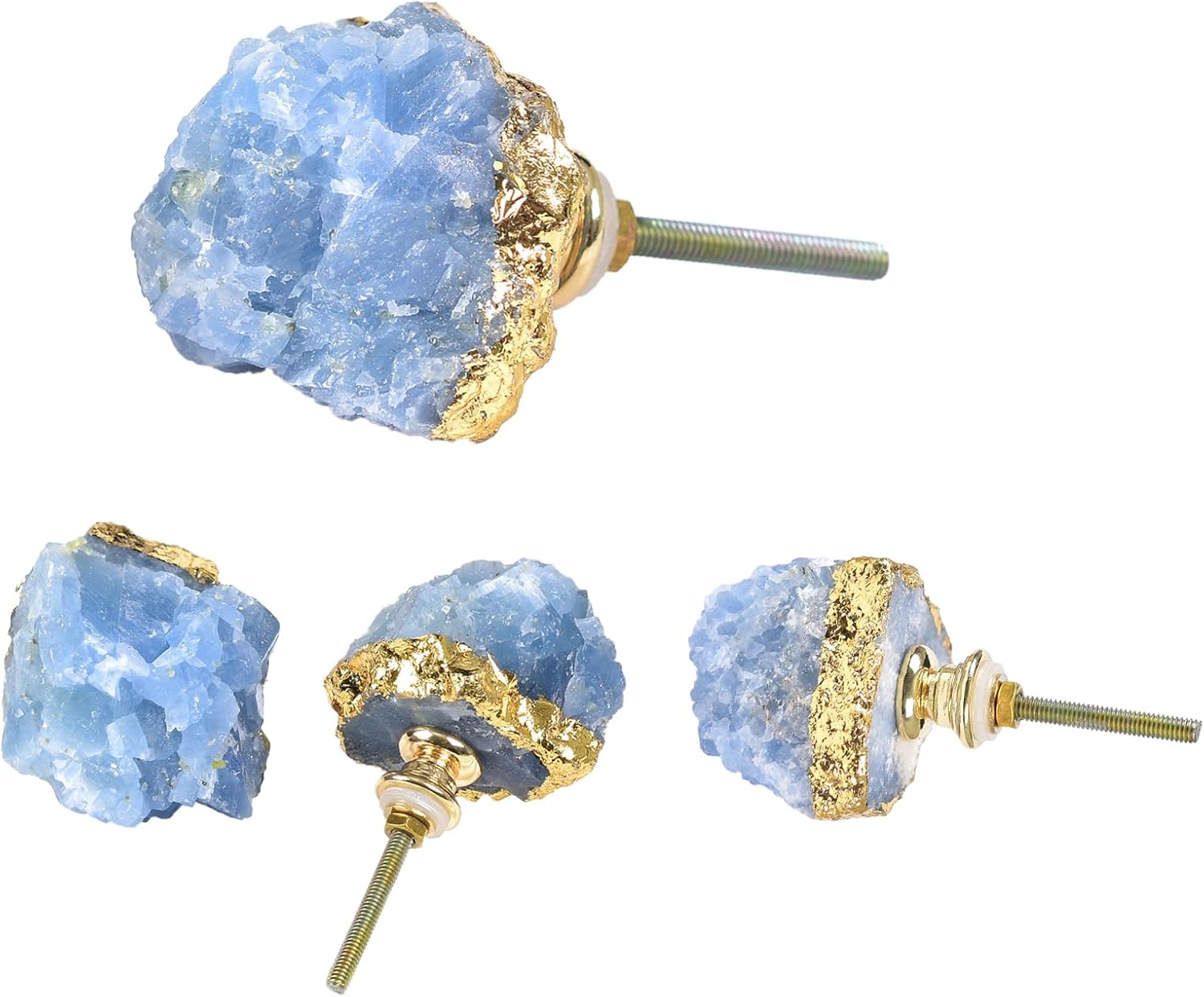 AMOYSTONE Blue Crystal Stone Knobs for Cabinets, Natural Stone Drawer Pulls 4PCS Blue Calcite Crystal Drawer Pulls Knobs with Gold Foil, Rock Irregular 1~1.5 30-40mm DIY Decoration