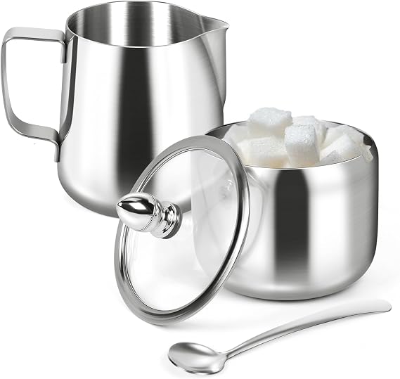 holoith Sugar and Milk Jug Set, Sugar Canister and Milk Frothing Jug for Coffee Bar, Stainless Steel Sugar Bowl with Lid and Spoon for Espresso Machine Accessories (Silver)