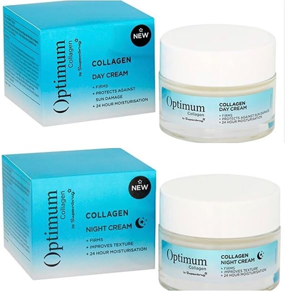 Superdrug Optimum Collagen moisturising Day Cream with spf 50 ml and UVA and UVB filters + Night Cream 50ml with peptide and minerals - BUNDLE set of 2