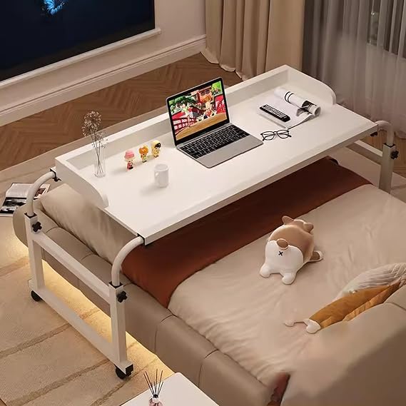 Overbed Table with Wheels, Over The Bed Table, Over The Bed Desk King Size, Rolling Desk Over Bed Adjustable Height, King Beds Rolling Medical Bed Desk, for Hospital and Home (Color : White,