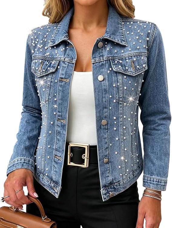 CHICME Women's Pearl Denim Jacket Rhinestone Button Up Jean Jacket