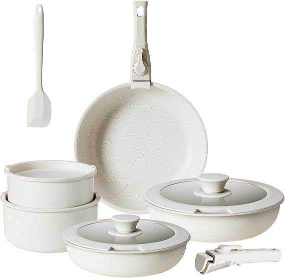 Sweetcrispy 12 pcs Pots and Pans Set, Nonstick Kitchen Induction Cookware Suit with Detachable Handle, Dishwasher Oven Safe, Milky White