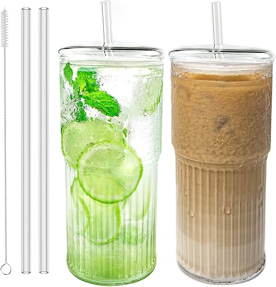 Luiaiog Glass Cups with Lids and Glass Straws,Mason Jar Cups High Borosilicate 20OZ Tumblers (2Pcs) for Coffee, Tea, Juice, Smoothies, Hot/Cold Drinks at Home, Office
