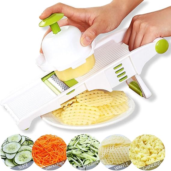 Mandoline Slicer Adjustable Vegetable Mandolin, Fruit zucchini Slicer, French Fry Cutter,Crinkle Cutter Food Waffle,Julienne Grater,Garlic Grinder(White)