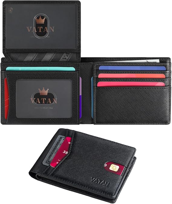 VATAN Wallet for Men Slim RFID Blocking Leather Credit Card Holder Wallet for 15 Cards, Bifold Minimalist Thin Wallet with 2 ID Windows & Cash Slot, With Gift Box (Cross Grain Black)