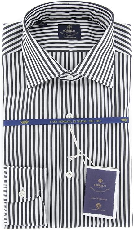Luigi Borrelli Black Stripes Button Down Spread Collar Cotton Slim Fit Dress Shirt, Size Small 15.5