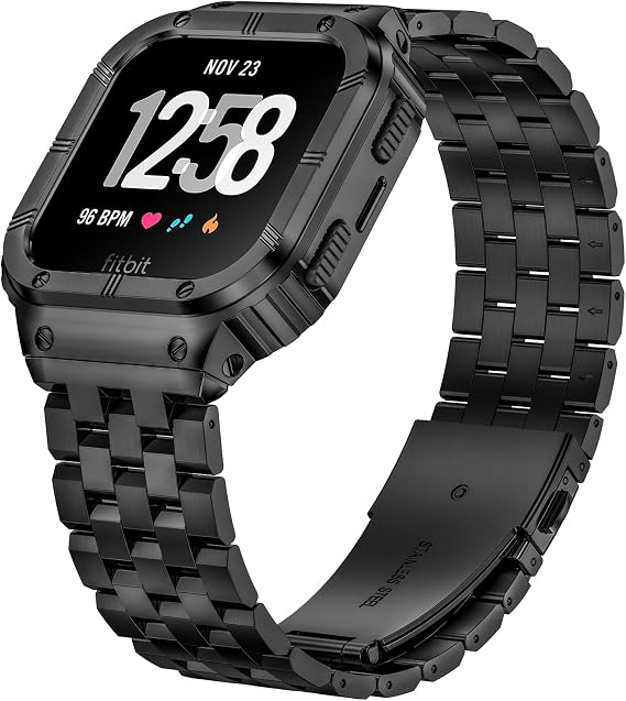 SUPLINK Stainless Steel Case Band Compatible with Fitbit Versa 4 Wristband/Versa 3/Versa/Versa 2 Watch Straps Men Protective Bracelet for Fitbit Sense/Versa Lite/Fitbit Sense 2 Bracelet