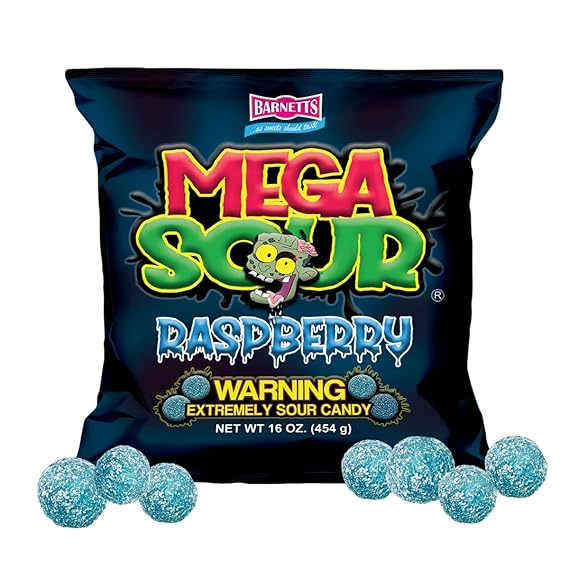 Barnetts - Mega Sour Candy Raspberry 454g (1lb) - Trendy Sweet Bags - Traditionally Handmade Sweets - Sour Coating Lasts 20 Seconds - Candies for Party Bag, Gift Hamper, or Hamper Box