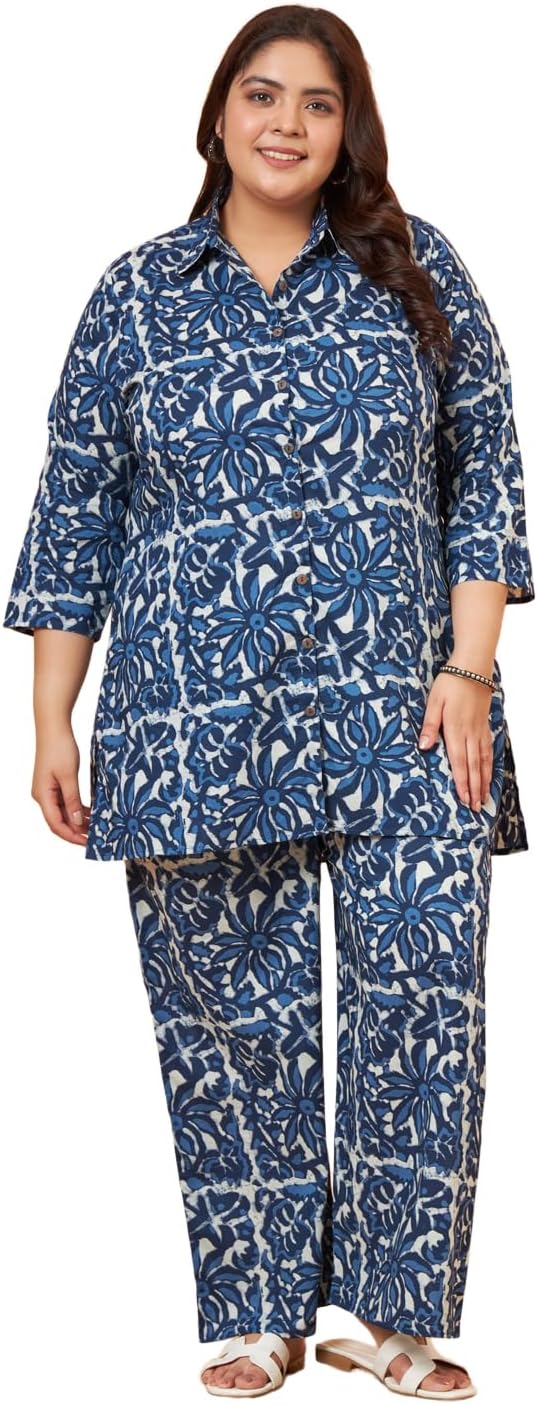 Tissu Indian Women Plus Size Pure Cotton Blue Printed Shirt Kurti with Palazzo Set