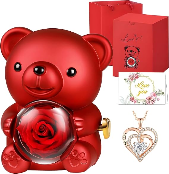 Valentines Gifts for Her, Romantic Teddy Bear Preserved Rose Gift with Necklace for Women Girls, Eternal Flower Rose Gift Box for Valentines Mothers Day Anniversary Day Birthday