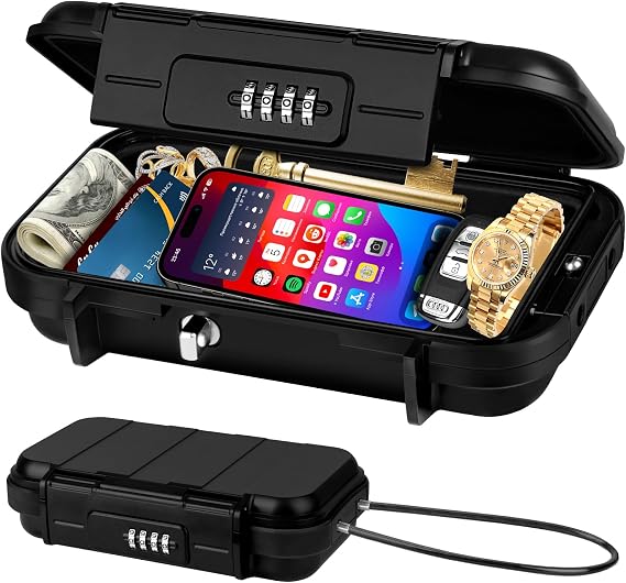 Portable Travel Safe Lock Box 4-Digit Combination Mini Safe Box, Anti-Theft Beach Security Lockbox Waterproof Small Lockable Box with Removable Wire Rope for Dorm Beach Hotel Car Home Office