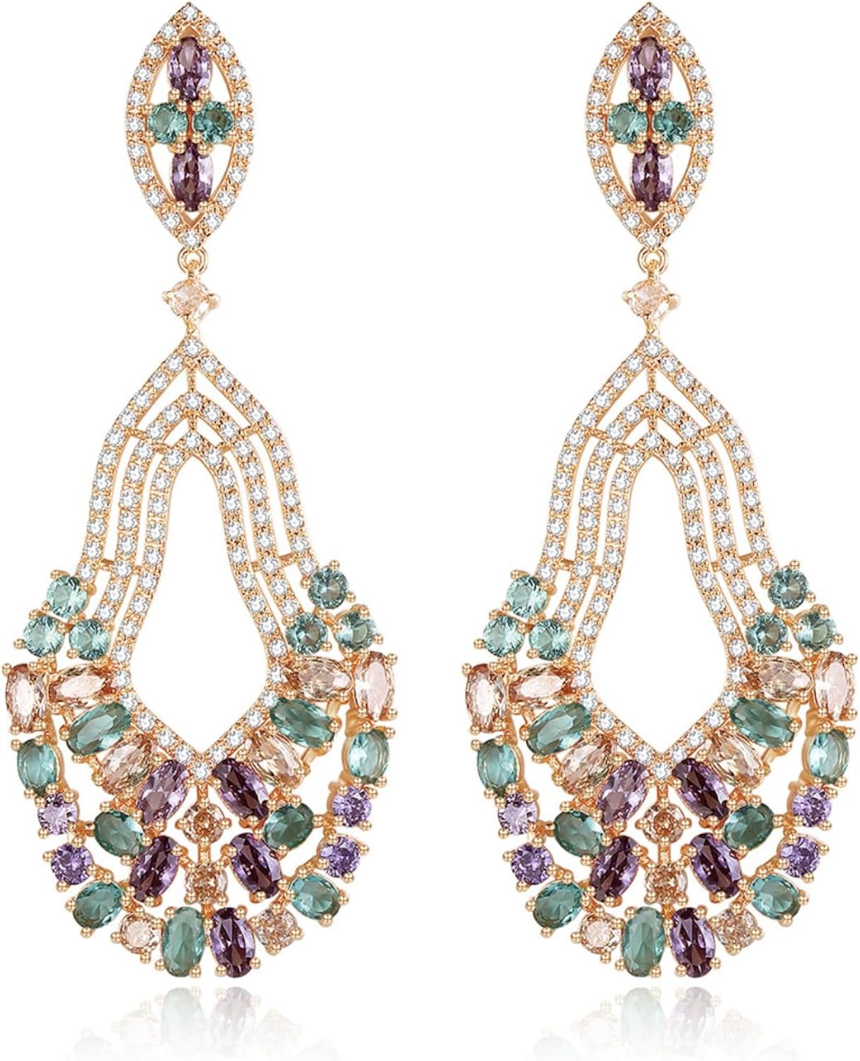 White Gold Plated Swarovski Elements Crystal Wedding Bridal Bridesmaid Chandelier Oval Round Multi Color Cubic Zirconia Dangle Drop Stud Earrings Fashion Jewelry for Women & Teen Girls